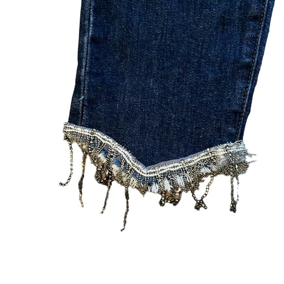 Risen Fringe Hem 9/29 Crop Medium Wash Jean Metal and rhinestone fringe at hem. - Picture 2 of 6